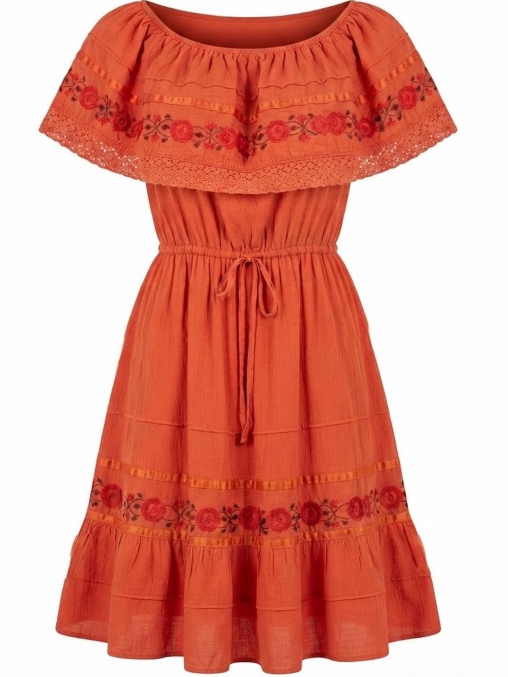 Boho Off-Shoulder Embroidered Floral Dress Orange Mexican Style Sundress O/S